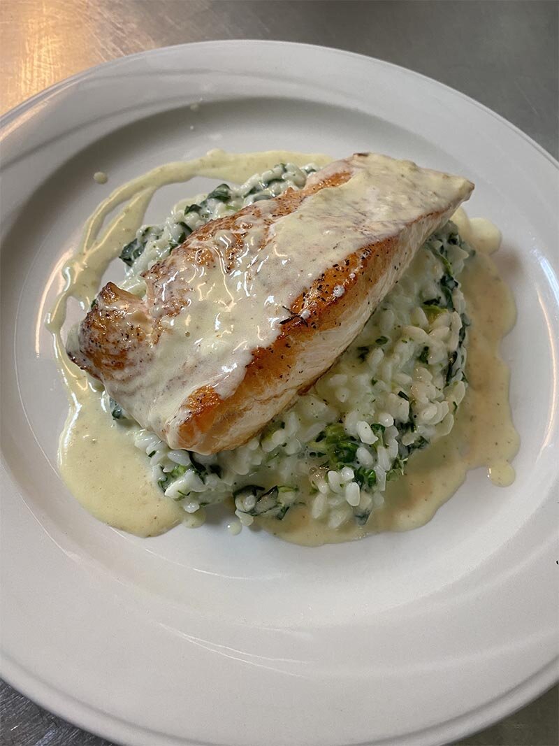 Salmon on a bed of rice in a white sauce